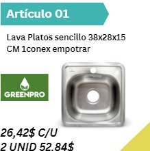 Lava Platos sencillo 38x28x15 CM 3 conex empotrar